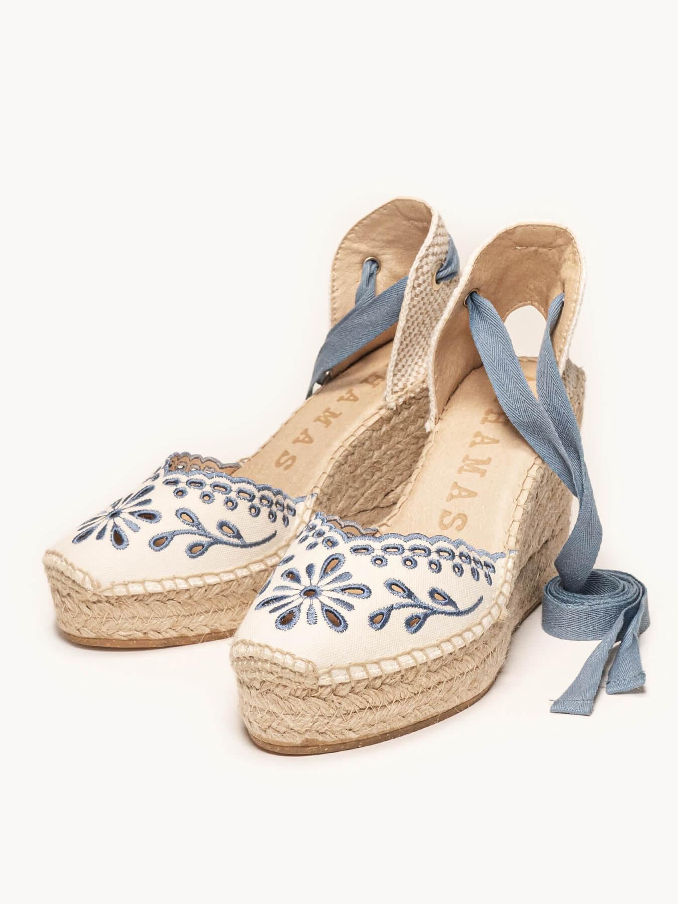 Romero Cuña Alta Lona Bordada Azul Jeans