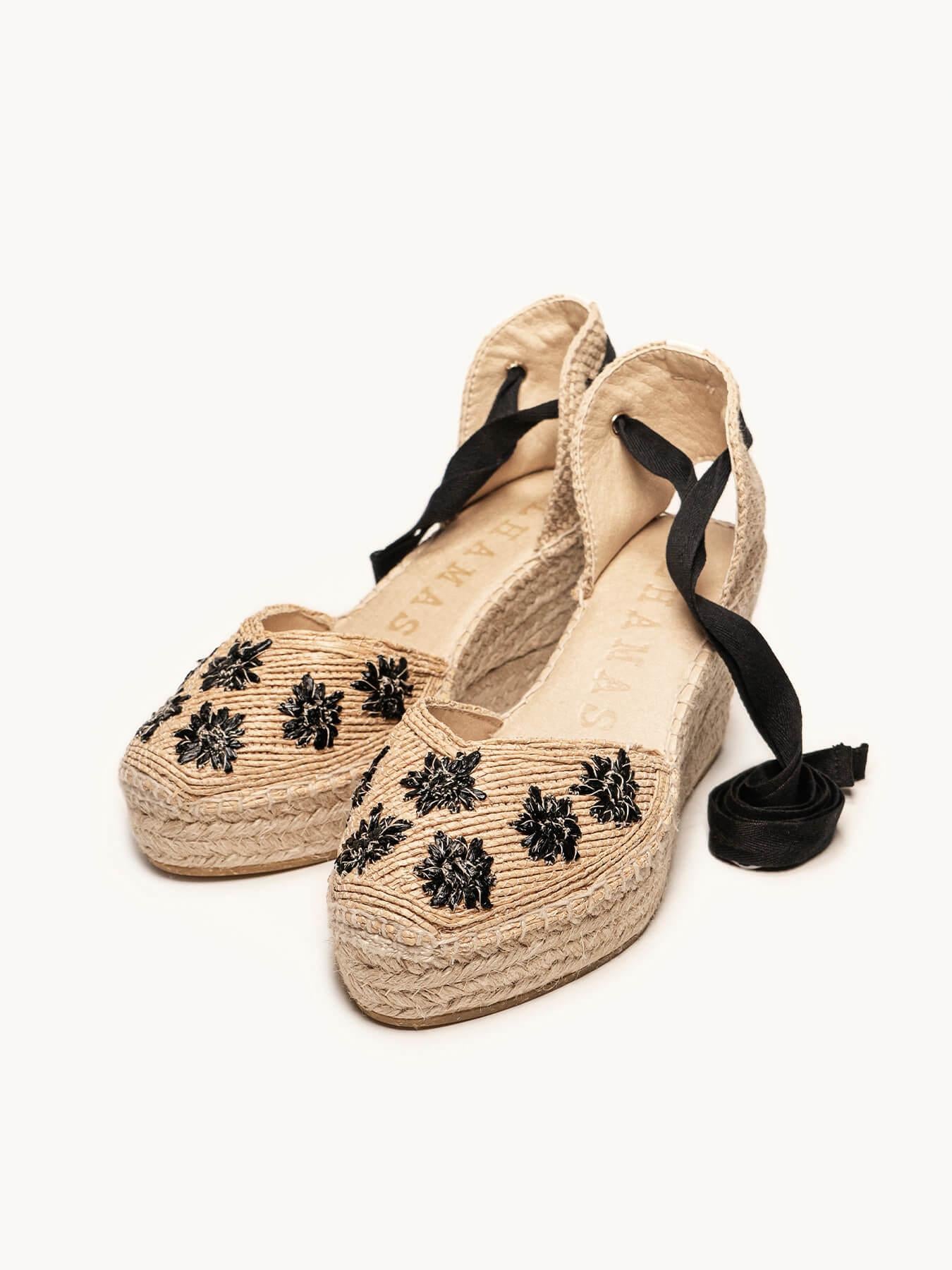 Romero Cuña Media Plataforma Rafia Flores Negro