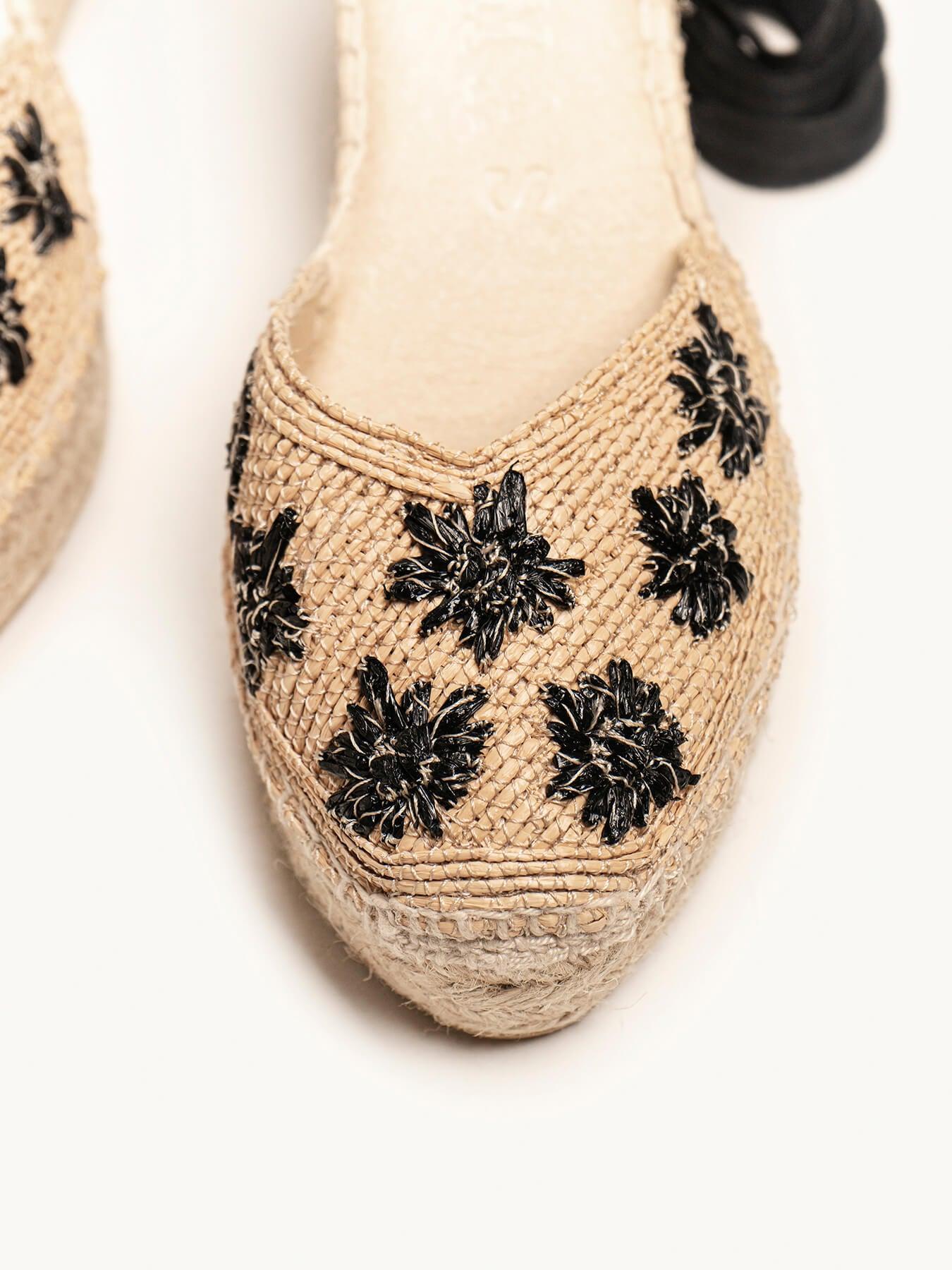Romero Cuña Media Plataforma Rafia Flores Negro
