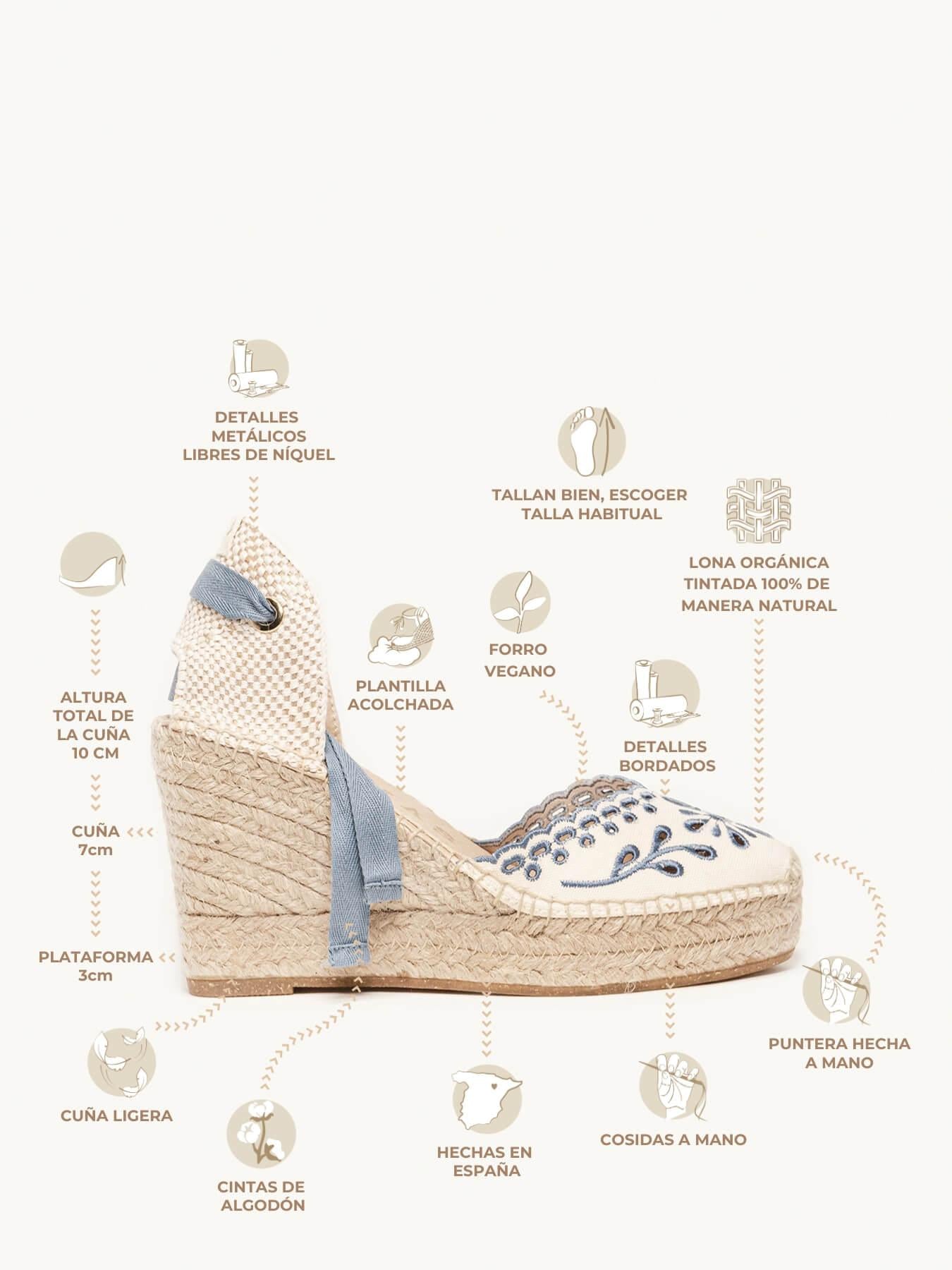 Romero Cuña Alta Lona Bordada Azul Jeans