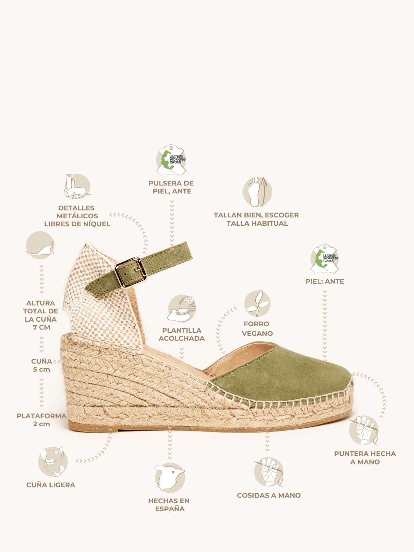 Jara cuña de 7 cm en ante verde kaki